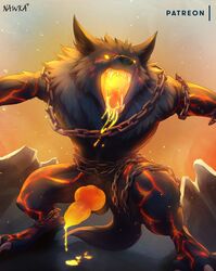 2018 animal_genitalia animal_penis anthro balls black_fur black_nose canine canine_penis chains claws cum dripping erection fenrir_(smite) fur glowing lava lava_cum male male_only mammal markings nawka norse_mythology nude open_mouth orange_eyes orange_penis orange_tongue penis saliva sheath signature smite solo standing teeth testicles toe_claws tongue unusual_cum volcanic_creature wolf