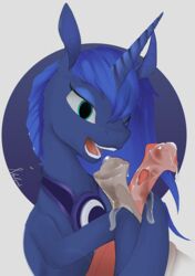 1girls 2boys cum equine fellatio female feral friendship_is_magic frottage furry grey_background half-closed_eyes hooves horse horsecock mammal my_little_pony oral penis pony princess_luna_(mlp) solo stalafarnahe text watermark