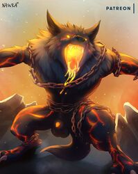 2018 animal_genitalia animal_penis anthro balls black_fur black_nose canine canine_penis chains claws fenrir_(smite) fur glowing male male_only mammal markings nawka norse_mythology nude open_mouth orange_eyes orange_penis orange_tongue penis penis_tip saliva sheath signature smite solo standing teeth testicles toe_claws tongue wolf