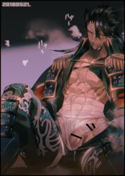 1boy areolae armor bare_chest blush brown_eyes brown_hair censored clenched_teeth coat cum cum_on_body epaulettes facial fundoshi gen_yoro japanese_armor japanese_clothes kiwame_(touken_ranbu) kote looking_away looking_to_the_side male_only muscle mutsunokami_yoshiyuki nipples open_clothes open_coat penis sarashi solo spread_legs teeth touken_ranbu