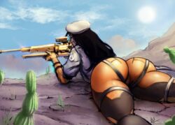 1girls 2d amrrr ana_amari ass beret big_ass black_hair blizzard_entertainment bodysuit dark-skinned_female dark_skin eye_of_horus female female_only from_behind gun horus_ana laying laying_down long_hair overwatch rifle solo tattoo tumblr_username