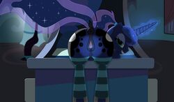 anus bed clothing equine female feral friendship_is_magic horn legwear mammal my_little_pony ponytail princess_luna_(mlp) pussy socks solo trash_anon unicorn