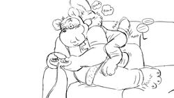 2016 3_toes anthro anthro_on_anthro black_and_white blush clothed clothing controller donkeypunch dry_humping duo eyebrow_piercing eyewear facial_piercing gaming glasses hob lagomorph long_ears male mammal monochrome overweight overweight_male pants piercing playing_videogame rabbit rodent shirt simple_background size_difference sofa tarketto tenting toes toony white_background yaoi