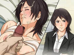 after_sex amagami angry areolae bare_shoulders bed black_clothes black_eyes black_hair blush bra bra_lift breasts censored closed_eyes closed_mouth clothed crying cum cum_in_mouth cum_on_hair facial female formal formal_attire formal_clothes formal_wear girl_in_suit highres image looking_at_viewer lying matching_hair/eyes medium_breasts mosaic_censoring negurie nipples on_bed penis raised_eyebrows short_hair sitting sitting_on_person suit sweat sweatdrop takahashi_maya tears underwear white_bra woman_in_suit