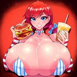 1girls areolae big_nipples bikini bikini_top blue_eyes burger bursting_breasts busty choker cleavage drink eyelashes female female_only food freckles gigantic_breasts gloves human lipstick long_hair looking_at_viewer nail_polish nipples_visible_through_clothing red_background red_hair ribbon skindentation smile solo striped_armwear teeth tokyokyoto twintails wendy's wendy_thomas