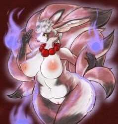 2016 anthro belly big_breasts black_fur black_sclera breasts canine digital_media_(artwork) female fox fur hair holding_tail looking_at_viewer mammal multi_tail navel nude pussy red_fur simple_background slightly_chubby solo suns_(artist) voluptuous white_fur white_hair yellow_eyes