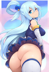 aqua_(konosuba) ass bare_shoulders blue_eyes blue_hair blush from_behind from_below highres jampen kono_subarashii_sekai_ni_shukufuku_wo! long_hair looking_at_viewer looking_back looking_back_at_viewer no_panties one_eye_closed smile thighhighs