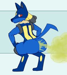 abhorrent anthro ass backside canine carafalsa clothed clothing dreadlocks fan_character fart fur jackal looking_at_viewer looking_back lucario male malelucarioftw mammal nintendo pawpads pleasure_face pokemon pokemon_(species) red_eyes simple_background solo squatting video_games wrestling_outfit