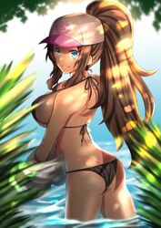 1girls ass back baseball_cap bikini blue_eyes breasts brown_hair female_only hat high_ponytail hilda_(pokemon) human long_hair looking_at_viewer nintendo outdoors pokemon pokemon_bw ponytail takecha undressing