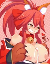 animal_ears bell blush breasts collar cum cum_between_breasts fangs fate_(series) female fox_ears hair_ribbon heart heart-shaped_pupils humanoid inverted_nipples jellcaps large_breasts male mammal nipples paizuri penis red_hair ribbons sex smile straight symbol-shaped_pupils tamamo_cat text