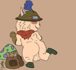 2018 anthro ass austrum backsack boots footwear fur furry hat league_of_legends looking_at_viewer looking_back male male_only mammal nude open_mouth riot_games simple_background smile solo sweat teemo testicles yordle