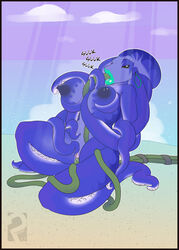 anthro anthro_only beach big_breasts big_lips black_eyes blue_skin breasts cephalopod consensual_tentacles ear_piercing female furgonomics furry furry-specific_piercing lips marine multi_arm multi_limb nipples no_humans octopus outside penetration piercing proxer pussy pussy_juice sea seaside suckers tentacle tentacle_fellatio tentacle_sex vaginal_penetration water