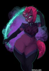 2018 5_fingers anthro areola armor armwear arnachy black_background bottomless breasts broken_horn clothed clothing collar ear_piercing elbow_gloves equine erect_nipples exposed_breasts eye_scar eyebrows eyelashes female fishnet gloves hair hi_res horn legwear mammal my_little_pony my_little_pony_the_movie navel nipples piercing pink_hair portrait pose pussy scar short_hair simple_background solo standing stockings teal_eyes teeth tempest_shadow_(mlp) text thick_thighs thigh_highs three-quarter_portrait translucent transparent_clothing unicorn url