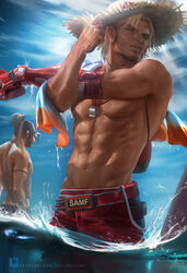 2boys black_hair blizzard_entertainment blonde_hair cole_cassidy hanzo_shimada hat lifeguard_cassidy male male_only multiple_boys multiple_males overwatch patreon_username sakimichan straw_hat topless uncensored water