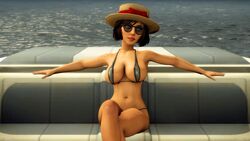 1girls 3d bikini bioshock bioshock_infinite blue_eyes boat brown_hair crossed_legs elizabeth_comstock female female_only hat large_breasts light-skinned_female light_skin lordaardvark short_hair sitting solo sunglasses water wip