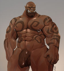 1boy 5_fingers abs areola bald beige_penis biceps big_muscles big_penis brown_eyes brown_markings dark-skinned_male dark_skin ear_piercing facial_piercing fangs flaccid front_view garrosh_hellscream grey_background humanoid humanoid_hands humanoid_penis lip_piercing looking_at_viewer male male_only markings muscular muscular_male navel nipple_piercing nipples nose_piercing nude orc pecs penis piercing pink_nipples simple_background solo standing symbol tagme tan_nose tan_skin tattoo teeth thick_thighs triceps uncut vein veiny_penis video_games warcraft zoroj