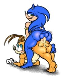 ass balls bent_over blue_eyes cum cum_in_ass cum_inside duo eccentricspider feet green_eyes male mammal penetration penis sex simple_background sonic_(series) sonic_the_hedgehog tails video_games white_background yaoi