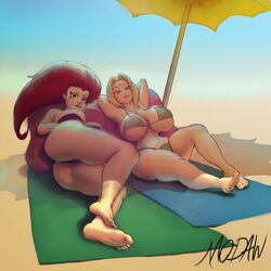 2girls ass barefoot beach big_breasts bikini blonde_hair boruto:_naruto_next_generations breasts brown_eyes cleavage crossover feet female female_only forehead_jewel huge_ass huge_breasts human human_only jessie_(pokemon) long_hair modaw naruto naruto_shippuden nintendo pokemon pokemon_rgby red_hair sand shadow soles swimsuit team_rocket text thick_thighs thin_waist toes towel tsunade watermark wide_hips