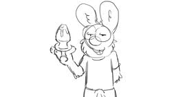 2016 4_fingers anthro black_and_white buckteeth buttplug clothed clothing donkeypunch eyewear glasses holding_object holding_sex_toy lagomorph long_ears lube male male_only mammal monochrome rabbit sex_toy shirt simple_background sketch solo tarketto teeth tenting toony white_background