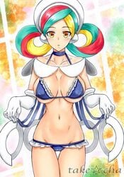 1girls abs big_breasts bikini female_only human infi looking_at_viewer multicolored_hair nintendo pokemon pokemon:_giratina_and_the_sky_warrior pokemon_(movie) pokemon_dppt takecha text thigh_gap twintails watermark