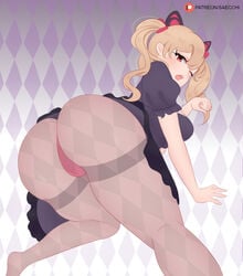 alternate_costume black_cat_d.va blizzard_entertainment blonde_hair blush brown_eyes d.va overwatch patreon_username ponytail pussy saecchi thick_thighs thighs tights