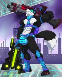 2018 4_toes 5_fingers abs anthro biceps black_fur black_hair black_nose black_skin bulge canine clothing eyewear fur future glasses gloves hair hand_behind_head harness holding_object holding_weapon hungothenomster low-angle_view male male_only mammal multicolored_fur multicolored_skin muscular muscular_male muscular_thighs nipples penis_outline plantigrade pose seiji_(hungothenomster) solo standing starbound tight_underwear toes two_tone_fur two_tone_skin underwear video_games weapon white_fur white_skin wolf