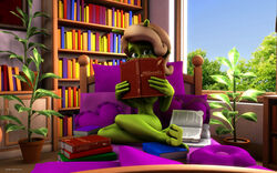 1girls 3d alien alien_girl artist_name bare_shoulders barefoot beauty_mark bed big_breasts book busty covering covering_breast curvy day detailed_background eyelashes female female_only front_view glasses green_eyes green_skin holding_object hourglass_figure humanoid indoors inside kondaspeter looking_at_viewer marilyn_(planet_51) mole naked nude pillow planet_51 pose posing room shadow shiny shiny_skin sitting solo text tree voluptuous white_hair wide_hips