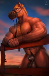 animal_genitalia anthro balls beard body_hair equid equine facial_hair hairy horse hungrypaws male male_only mammal muscular muscular_male nipples outside pubes reins sheath solo standing