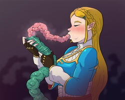 blonde_hair blush breath_of_the_wild cheek_bulge closed_eyes clothed_female clothing consensual_tentacles demigoddess fellatio green_eyes green_tentacles happy happy_sex heart heart_eyes hug hylian light_skin looking_pleasured monster nintendo nude oral pointy_ears princess_zelda purugameko royal royalty smile tentacle tentacle_sex teratophilia the_legend_of_zelda zelda_(breath_of_the_wild) プルガメ_(46754200)