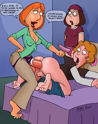 1boy 2girls anal anal_insertion anthony_(family_guy) anus barefoot bed bedroom bobby_luv clothed_female doggy_style earrings family_guy femdom from_behind glasses human human_only indoors lipstick lois_griffin looking_over_shoulder male_penetrated meg_griffin milf no_shoes pants_down pegging strap-on testicles text