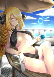 1girls alternate_eye_color alternate_hairstyle bare_shoulders belly bikini blonde_hair blue_background blue_eyes bracelet braid breasts chair cleavage clothed clouds crossed_legs cynthia_(pokemon) drink female female_only glass glasses hair_ornament hair_over_one_eye huge_breasts human long_nails looking_at_viewer midriff navel nintendo on_back pokemon pokemon_dppt sideboob sky smile sun takecha umbrella underboob watch wide_hips