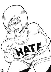 angry bent_over big_breasts cleavage cooleyette frida_mofette mega_milk meme meme_attire meme_clothing monochrome shorts sidney_anders vaaan van_(artist) vannn wakfu