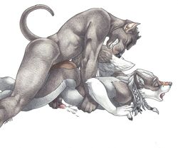 all_fours anal anthro ass_up braided_hair cane_corso canine diesel doggy_style duo from_behind_position fur furry hair male mammal muscular opa open_mouth orgasm penis reach_around sex sinistervibe traditional_media_(artwork) wolf yaoi