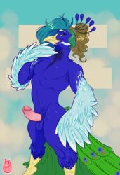 1boy 2018 abstract_background anthro arta_aere avian balls beak bedroom_eyes biped bird bird_feet blue_balls blue_eyes blue_feathers blue_hair blue_tail brown_feathers brown_hair brown_tail cloud crest erection feather_tuft feathered_crest feathered_wings feathers furry green_feathers green_hair green_tail hair half-closed_eyes humanoid_penis looking_away male male_only multicolored_hair nude peacock_feather peafowl penis pink_penis ponytail portrait raised_arm ryarik seductive sky smile solo standing tail_feathers three-quarter_portrait tuft watermark white_feathers white_wings winged_arms wings yellow_beak