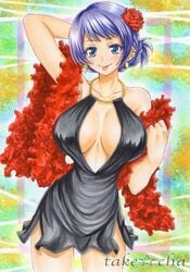 black_dress carina_(one_piece) cleavage dress earrings feather_boa female female_only flower flower_in_hair huge_breasts one_piece one_piece_film_gold purple_hair smile takecha tongue_out