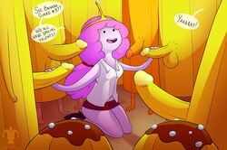 1girls 5boys adventure_time banana_guard black_eyes blargsnarf breasts bukkake cartoon_network female handjob huge_penis jake_the_dog pink_hair pink_skin princess_bubblegum straight testicles text yellow_skin