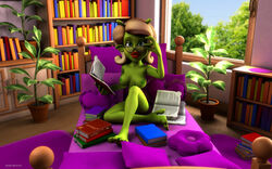 1girls 3d alien alien_girl artist_name bare_shoulders barefoot beauty_mark bed big_breasts book busty curvy day detailed_background erect_nipple erect_nipples eyelashes female female_only front_view glasses green_eyes green_skin holding_object hourglass_figure humanoid indoors inside kondaspeter lipstick looking_at_viewer makeup marilyn_(planet_51) mole naked nude pillow planet_51 pose posing red_lipstick room shadow shiny shiny_skin sitting solo text thick_lips tree voluptuous white_hair wide_hips