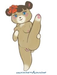 <3_eyes 2018 :3 animal_crossing anthro bear blue_eyes breasts clitoris electrikestorm female flower fur hair hair_flower half-closed_eyes heart hi_res june_(animal_crossing) mammal nintendo nipples nude pawpads paws pink_pawpads plant pussy pussy_juice raised_leg simple_background solo standing tan_fur video_games white_background