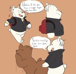 anal anal_sex bear bottomless cartoon_network clothed clothing duo english_text gold_necklace grizzly_(wbb) grizzly_bear ice_bear male mammal nokemop penetration polar_bear speech_bubble text watch we_bare_bears yaoi