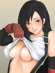 big_breasts black_hair blush blushing breasts brown_eyes earrings elbow_gloves female female_focus female_only final_fantasy final_fantasy_vii gloves hebameki highres human jewelry large_breasts long_hair pinup pinup_pose pose posing red_eyes shirt_lift solo straight_hair suspenders tank_top tifa_lockhart underboob