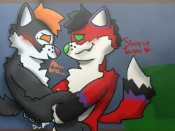 against_surface against_wall anthro anthro_only black_hair bodily_fluids brother_(lore) brothers_(lore) cum duo furry furry_only genital_fluids green_nose incest_(lore) majira_strawberry male male/male male_only multicolored_fur no_humans popufur red_body red_fur shut_up sibling_(lore) tagme tarou_strawberry unknown_artist yiff youtube youtuber