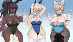 3girls asuna_(blue_archive) asuna_(bunny)_(blue_archive) big_breasts black_hair blonde_hair blue_archive blueartfiend blush breasts bunny_ears bunnysuit dark-skinned_female fishnets karin_(blue_archive) karin_(bunny)_(blue_archive) large_breasts millennium_science_school_student multiple_girls omorashi peeing peeing_self peeing_through_clothing sound_effects stockings thick_thighs thighhighs thighs toki_(blue_archive) toki_(bunny)_(blue_archive) urine urine_on_legs urine_pool urine_stream wetting wetting_self