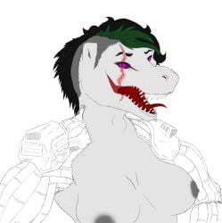 anthro breasts cybernetic_arm cybernetic_limb cybernetics cyborg dinosaur fangs feathers female hair machine naught naught_haazender nipples pink_eyes reptile scalie scar short_hair smersle solo teeth theropod tyrannosaurid tyrannosaurus tyrannosaurus_rex