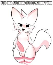 1boy 1femboy animal_genitalia animal_penis anthro belly blush bodily_fluids boy_kisser_(meme) clothing cum english_text genital_fluids genitals jaspixie leaking_cum legwear male male_only penis pink_clothing pink_legwear pink_thigh_highs silly_cat_(mauzymice) simple_background slightly_chubby smug_face solo teasing text thick_thighs thigh_highs thighhighs