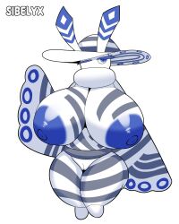 anthro arthropod big_breasts blue_eyes blue_nipples breasts clothing duskyer eyelashes female genitals hat headgear headwear huge_breasts insects lepidopteran moth nipples one_eye_closed pal_(species) palworld pussy sibelyx solo species_request standing striped_body stripes thick_thighs white_body white_skin wide_hips winged_arms wings wink