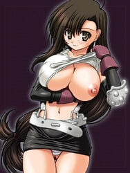 1girls abu big_breasts black_hair blush blushing breasts brown_eyes earrings female female_focus female_only final_fantasy final_fantasy_vii long_hair one_breast_out pinup pinup_pose pose posing solo straight_hair tagme tifa_lockhart