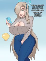 1girls asuna_(blue_archive) bladder_gauge blonde_hair blue_archive blue_eyes blueartfiend boob_window breasts casual have_to_pee huge_breasts jeans large_breasts millennium_science_school_student omorashi phone sweater tagme tight_clothing tight_fit tight_pants