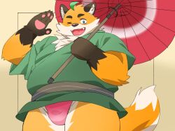 2024 anthro asian_clothing belly brown_body bulge canid canine clothed clothing east_asian_clothing fox fundoshi hi_res inunoshippo iyo_(tamacolle) japanese_clothing kemono male mammal one_eye_closed orange_fur overweight overweight_male parasol red_clothing red_fundoshi red_underwear simple_background solo tamacolle underwear wink