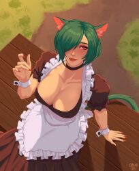 1girls cat_ears cat_tail catgirl choker cleavage d0114r female female_only green_hair hair_over_one_eye looking_at_viewer maid maid_uniform mitsuri_(maewix1) orange_eyes red_fingernails sharp_fingernails sitting smiling smiling_at_viewer solo tail very_high_resolution viewed_from_above wrist_cuffs