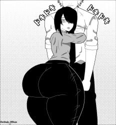 2023 ass_focus big_ass big_butt butt_focus chainsaw_man darktale denji_(chainsaw_man) hugging looking_at_viewer looking_back nayuta_(chainsaw_man) pixiv sticking_out_tongue thick thick_ass tongue_out watermark